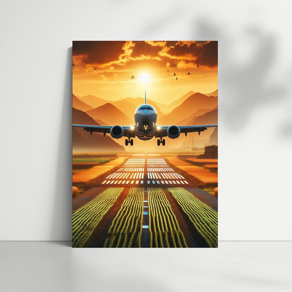 Sunset Flight of Agricultural Airplane over Golden Fields