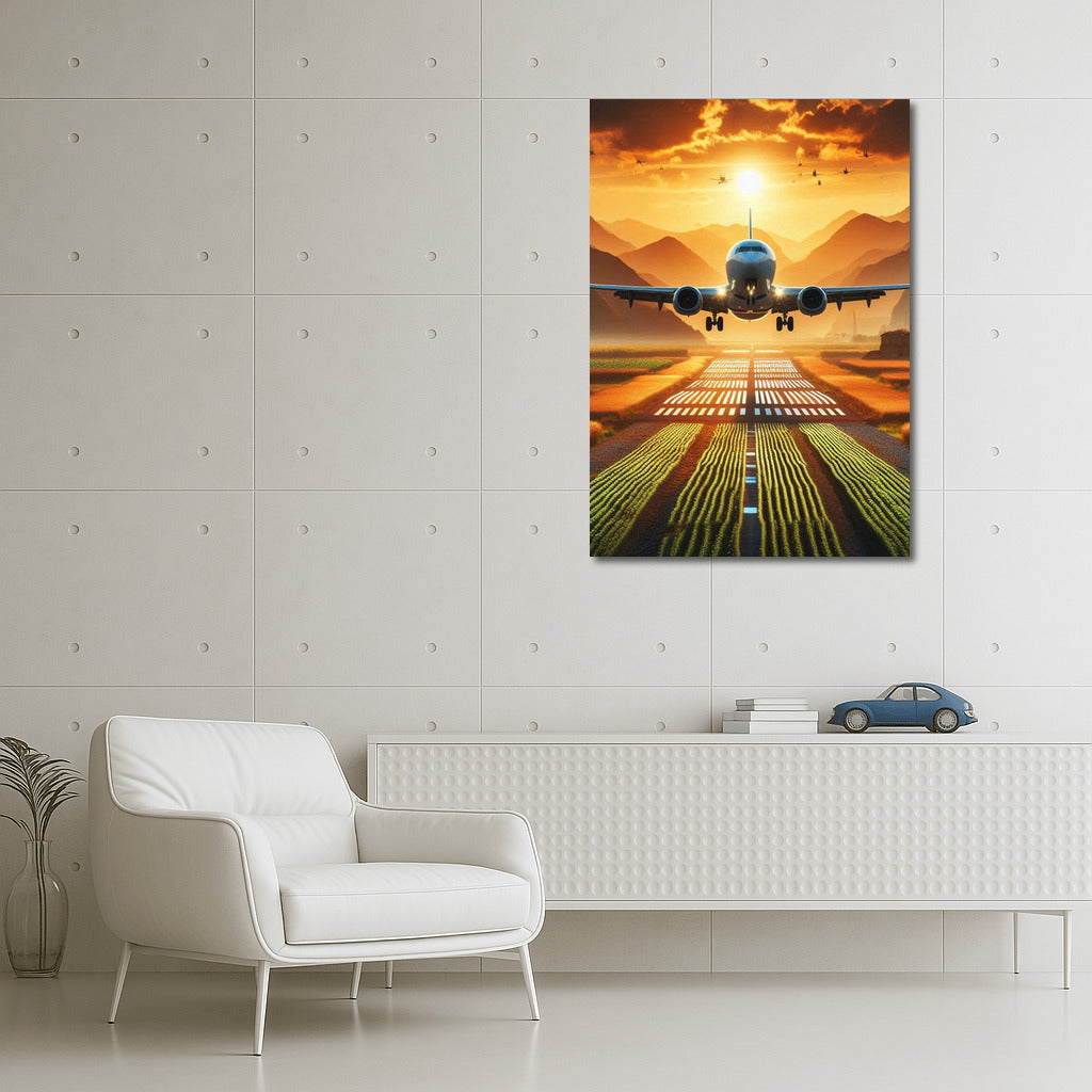 Sunset Flight of Agricultural Airplane over Golden Fields