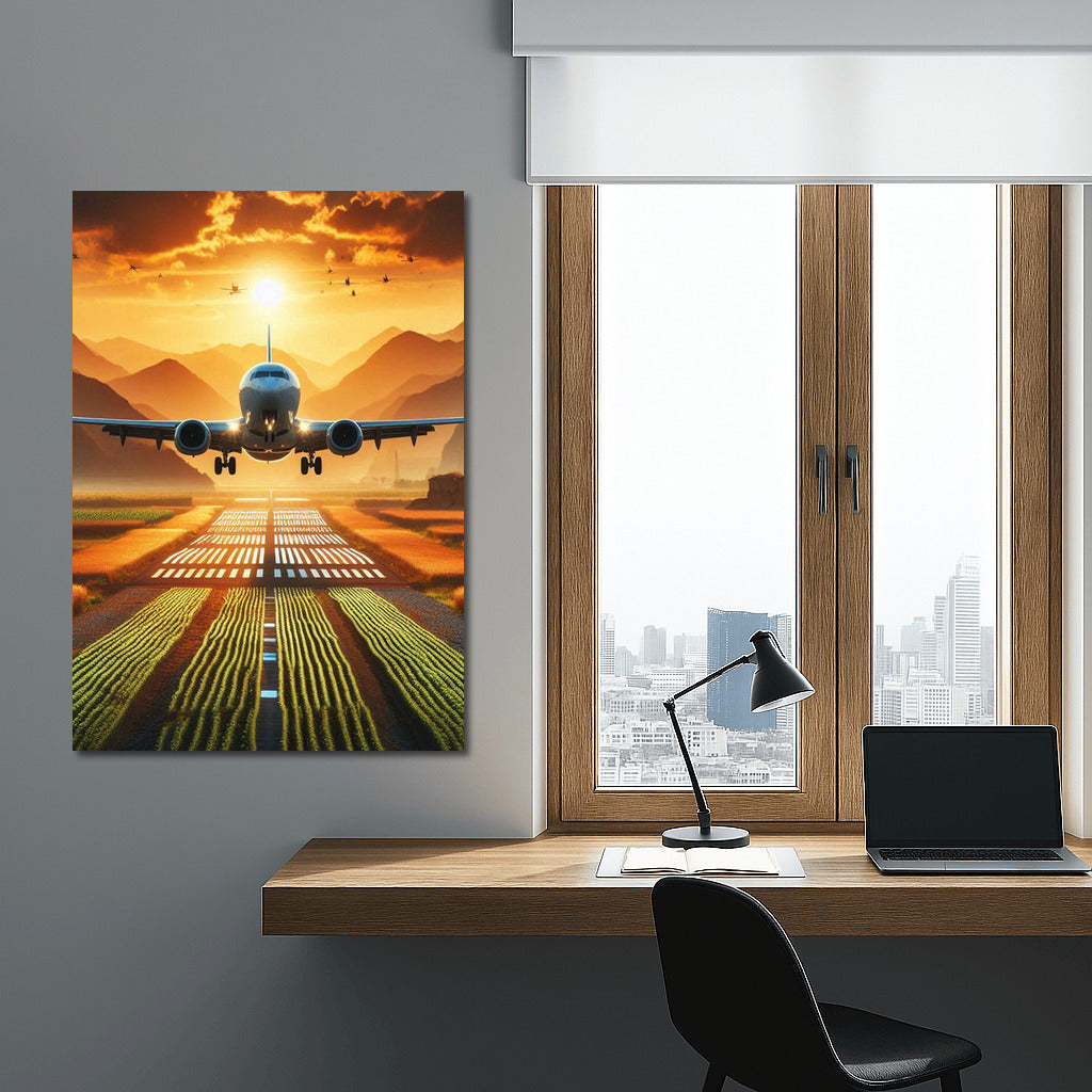 Sunset Flight of Agricultural Airplane over Golden Fields