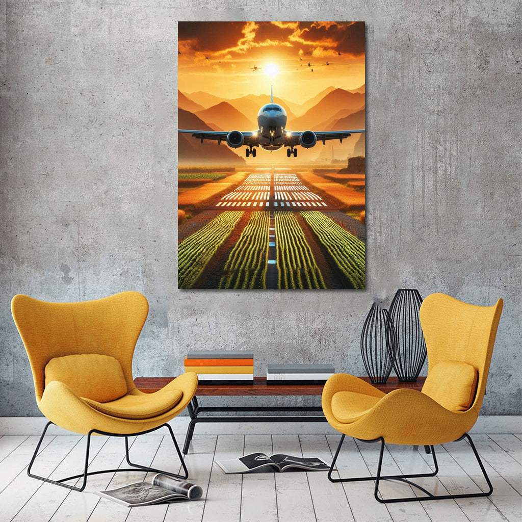 Sunset Flight of Agricultural Airplane over Golden Fields