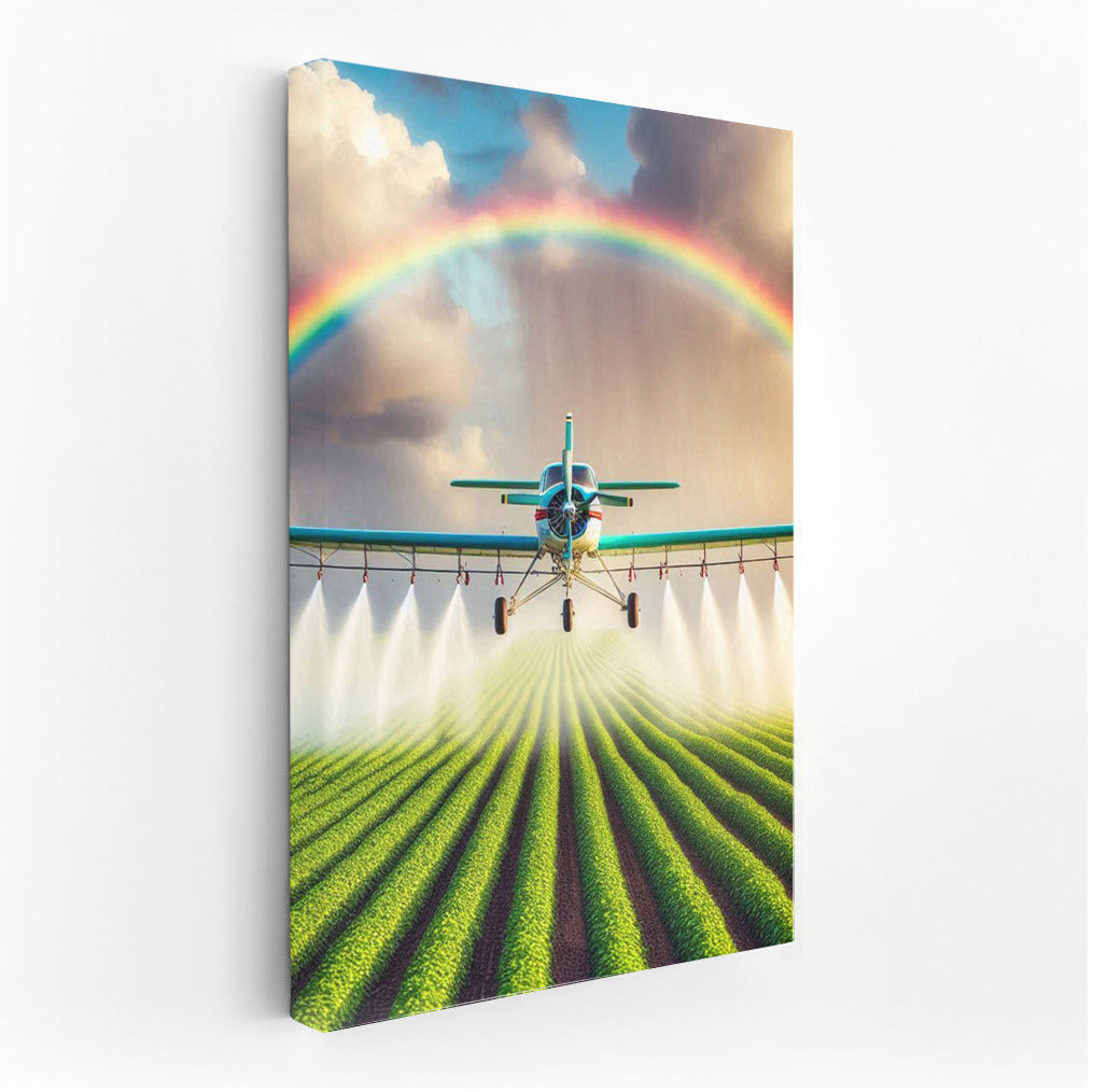 Wings of Hope: Agricultural Plane and Rainbow in Flight