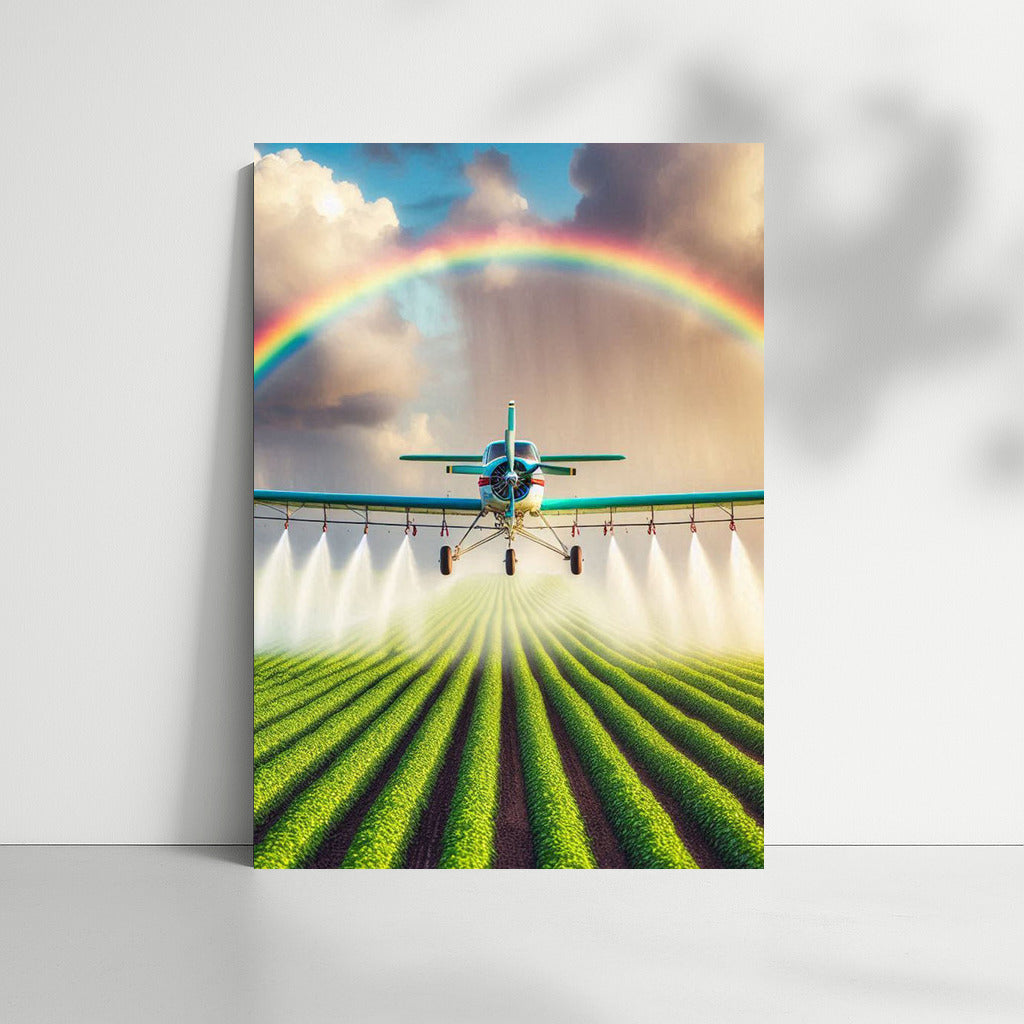 Wings of Hope: Agricultural Plane and Rainbow in Flight