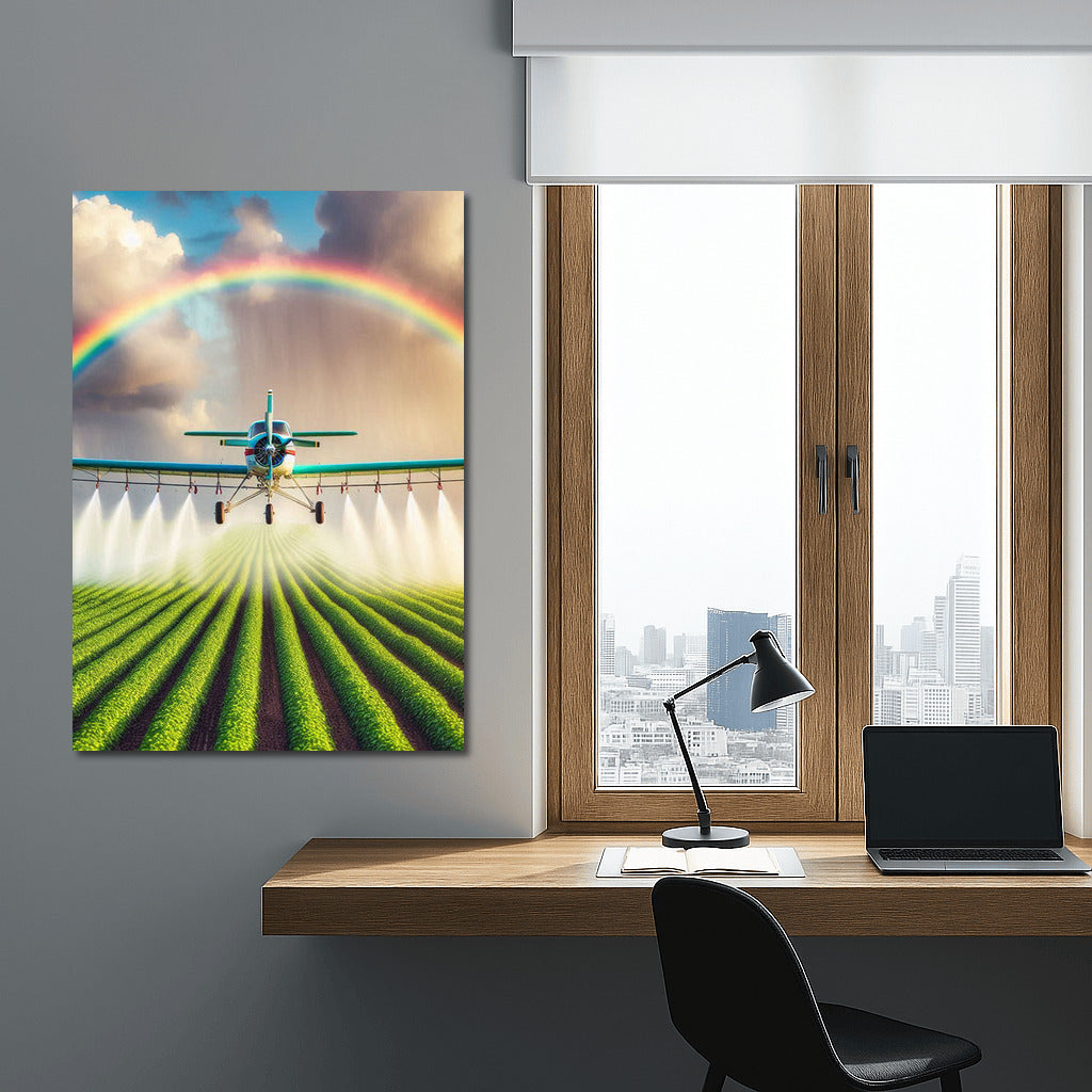 Wings of Hope: Agricultural Plane and Rainbow in Flight
