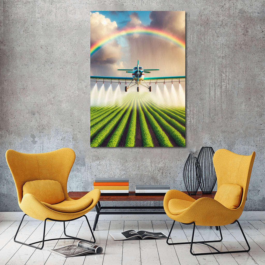Wings of Hope: Agricultural Plane and Rainbow in Flight