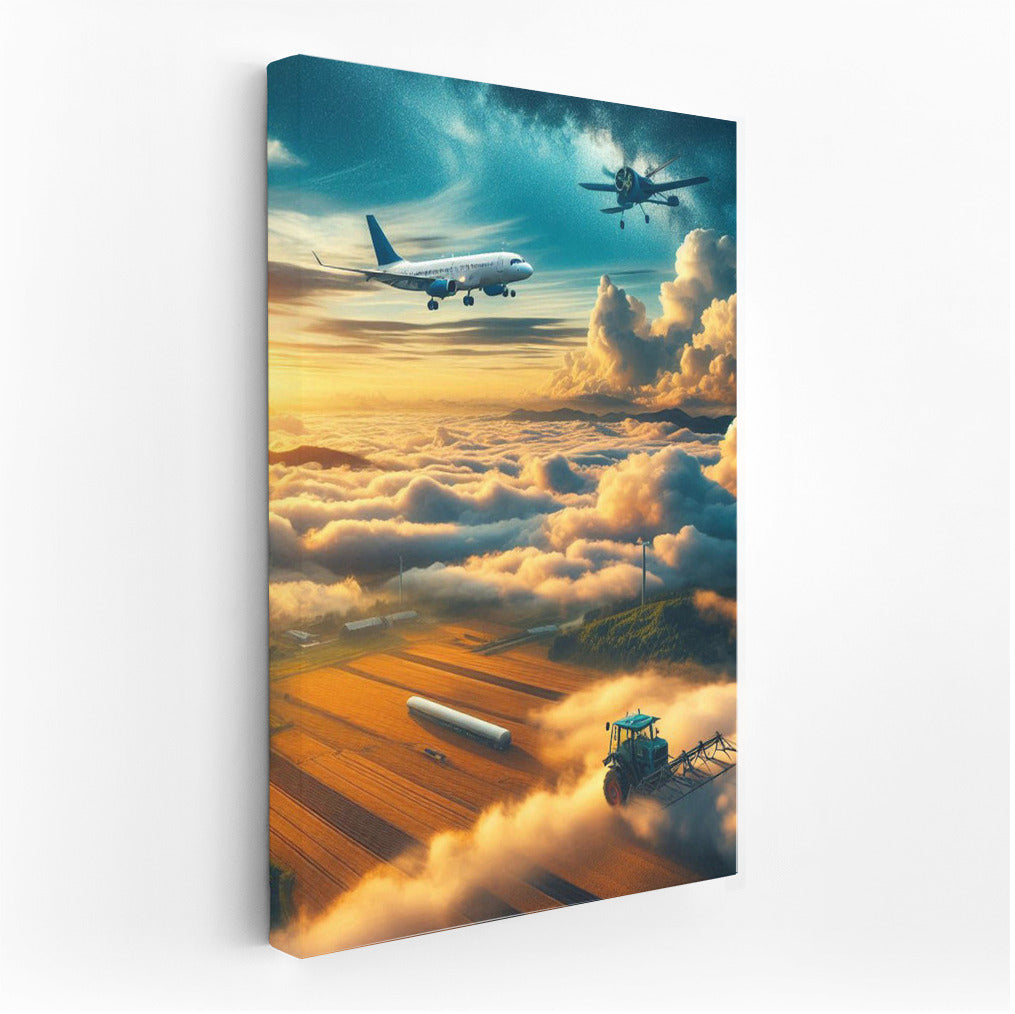 Agricultural Airplane in the Clouds: Golden Fields and Sunshine