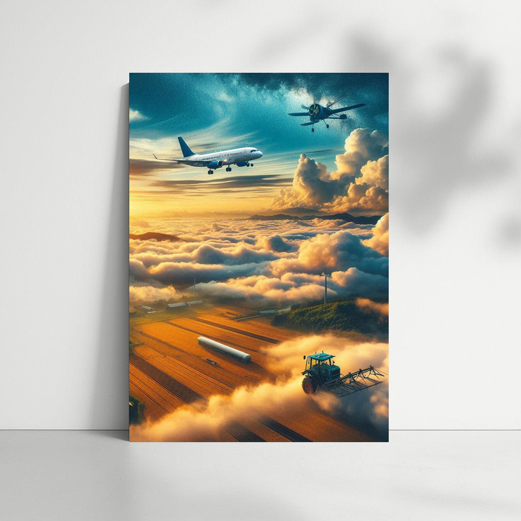 Agricultural Airplane in the Clouds: Golden Fields and Sunshine