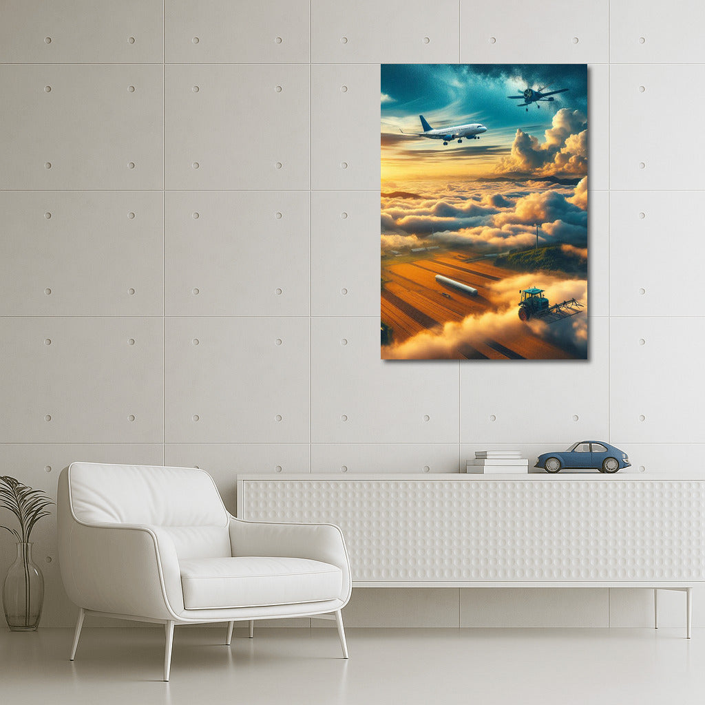 Agricultural Airplane in the Clouds: Golden Fields and Sunshine