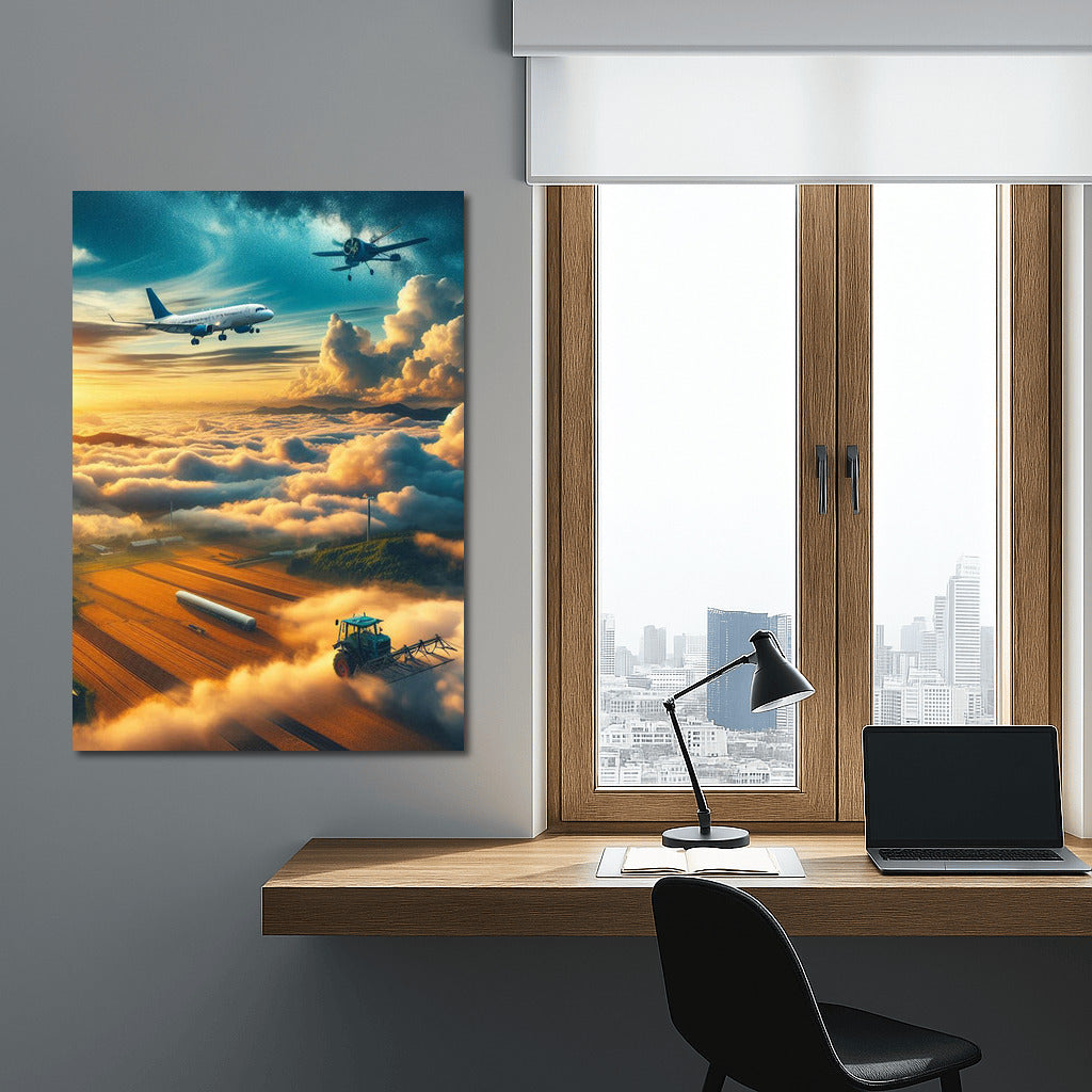 Agricultural Airplane in the Clouds: Golden Fields and Sunshine