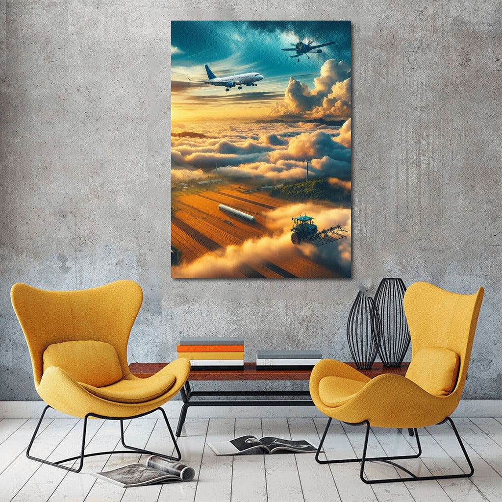 Agricultural Airplane in the Clouds: Golden Fields and Sunshine