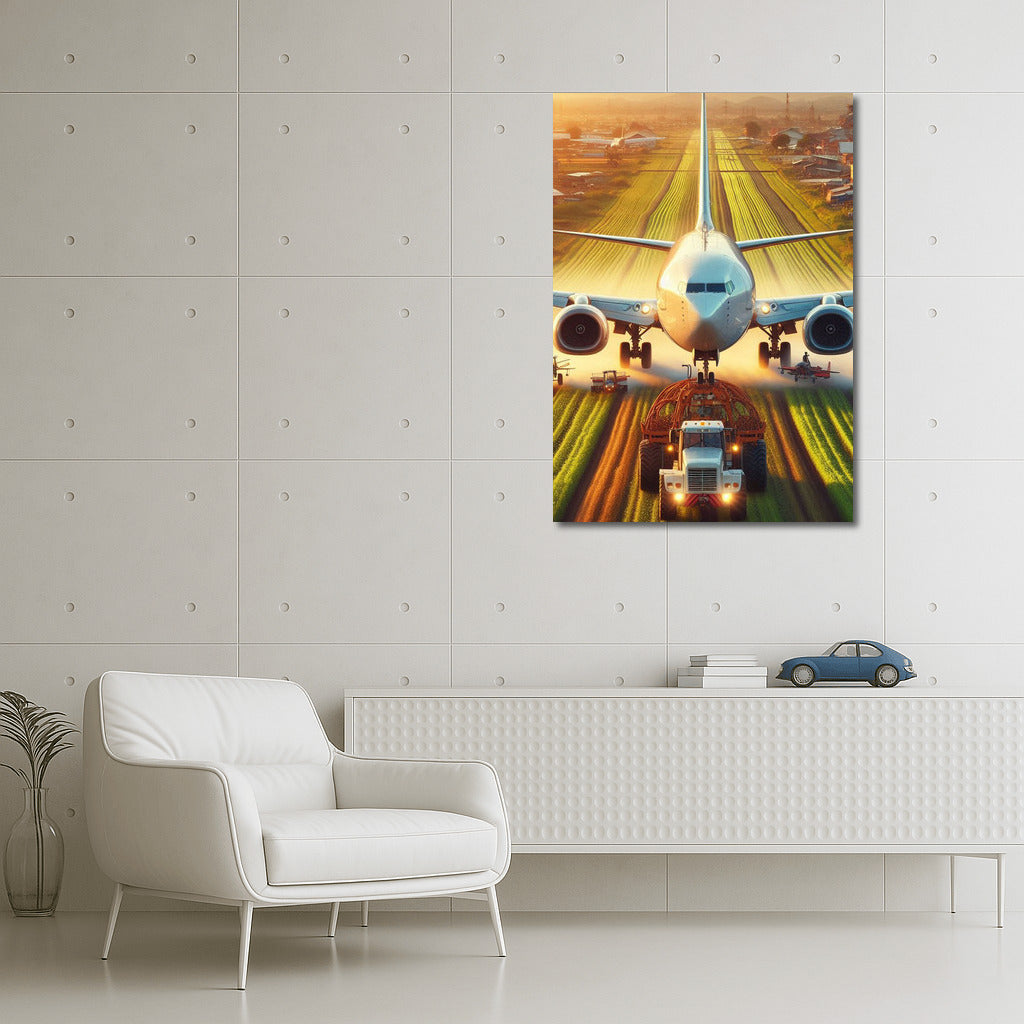 Sunset Flight: Agricultural Plane over Golden Field