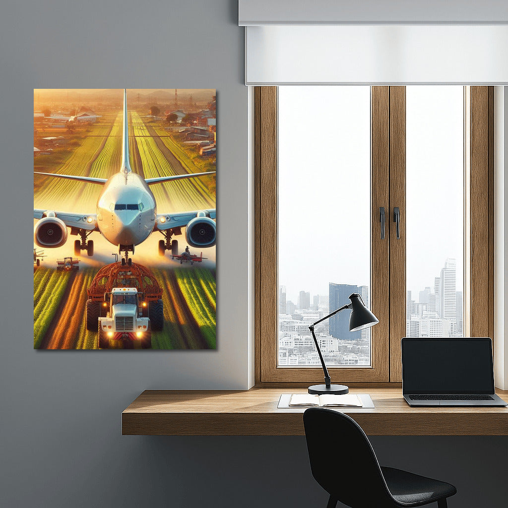 Sunset Flight: Agricultural Plane over Golden Field