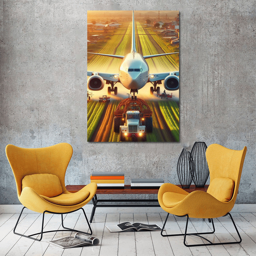 Sunset Flight: Agricultural Plane over Golden Field