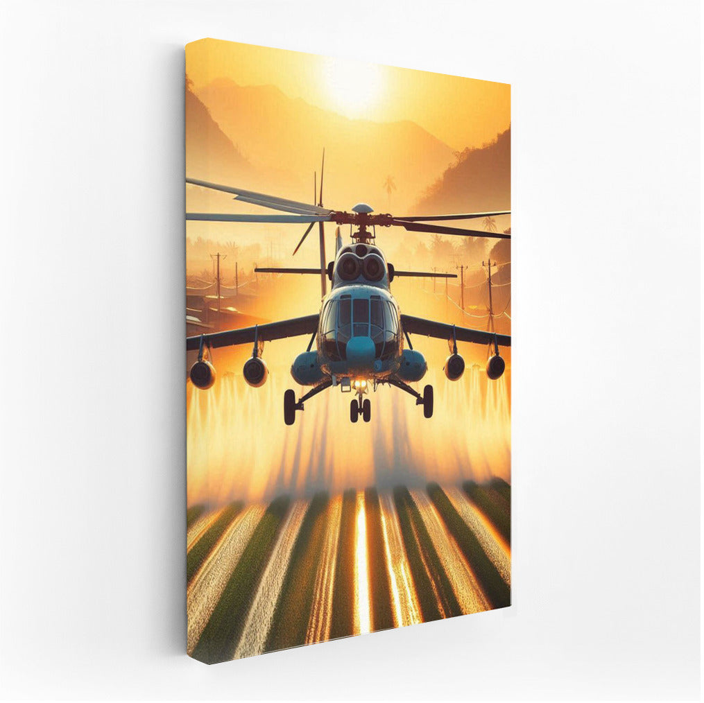 Agricultural Helicopter in Golden Sunset: Aerial Symphony