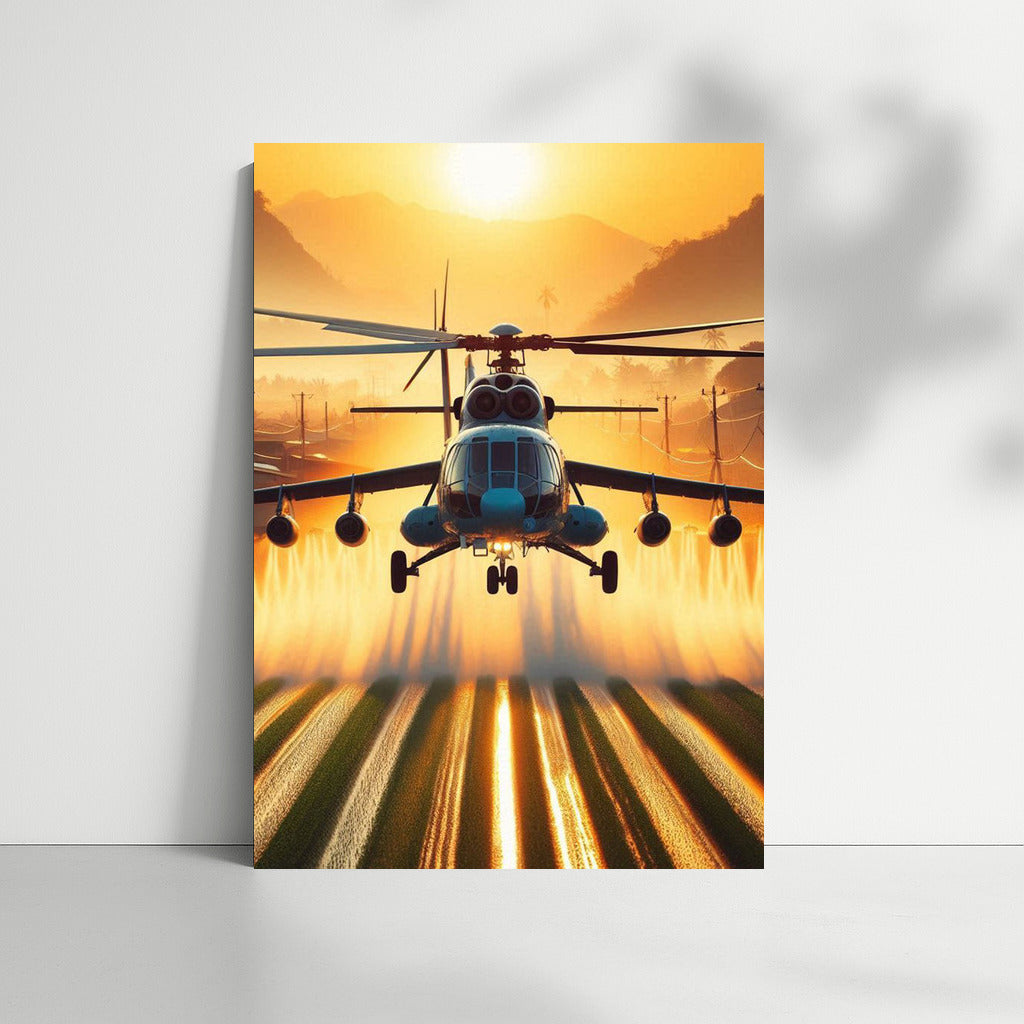 Agricultural Helicopter in Golden Sunset: Aerial Symphony