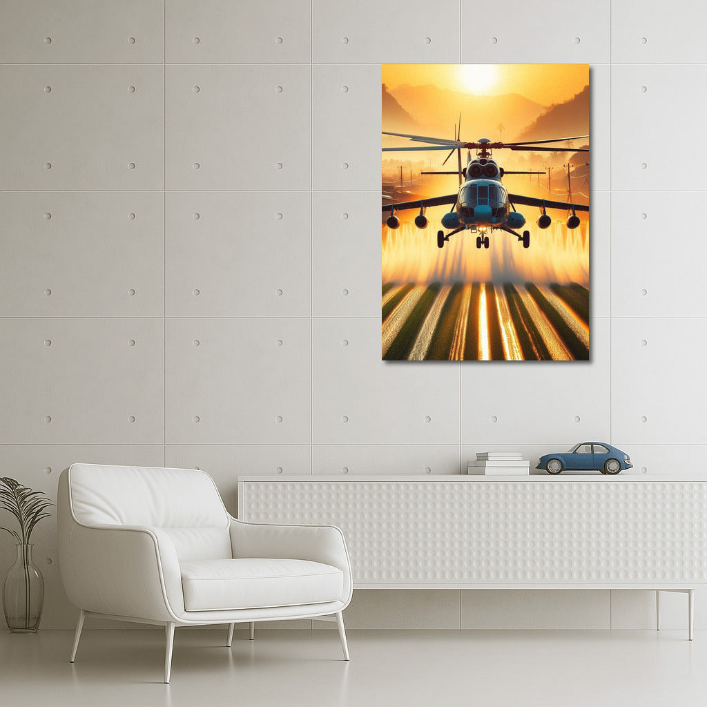 Agricultural Helicopter in Golden Sunset: Aerial Symphony