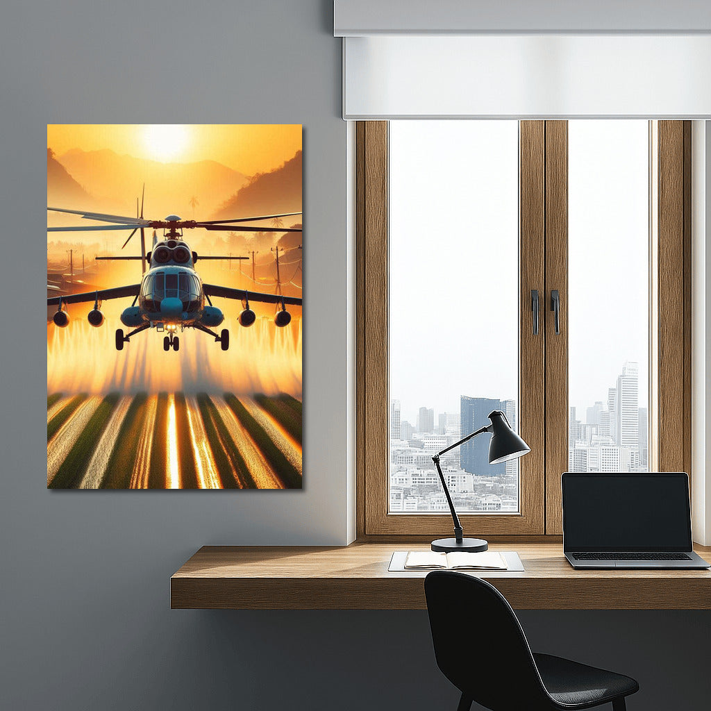Agricultural Helicopter in Golden Sunset: Aerial Symphony