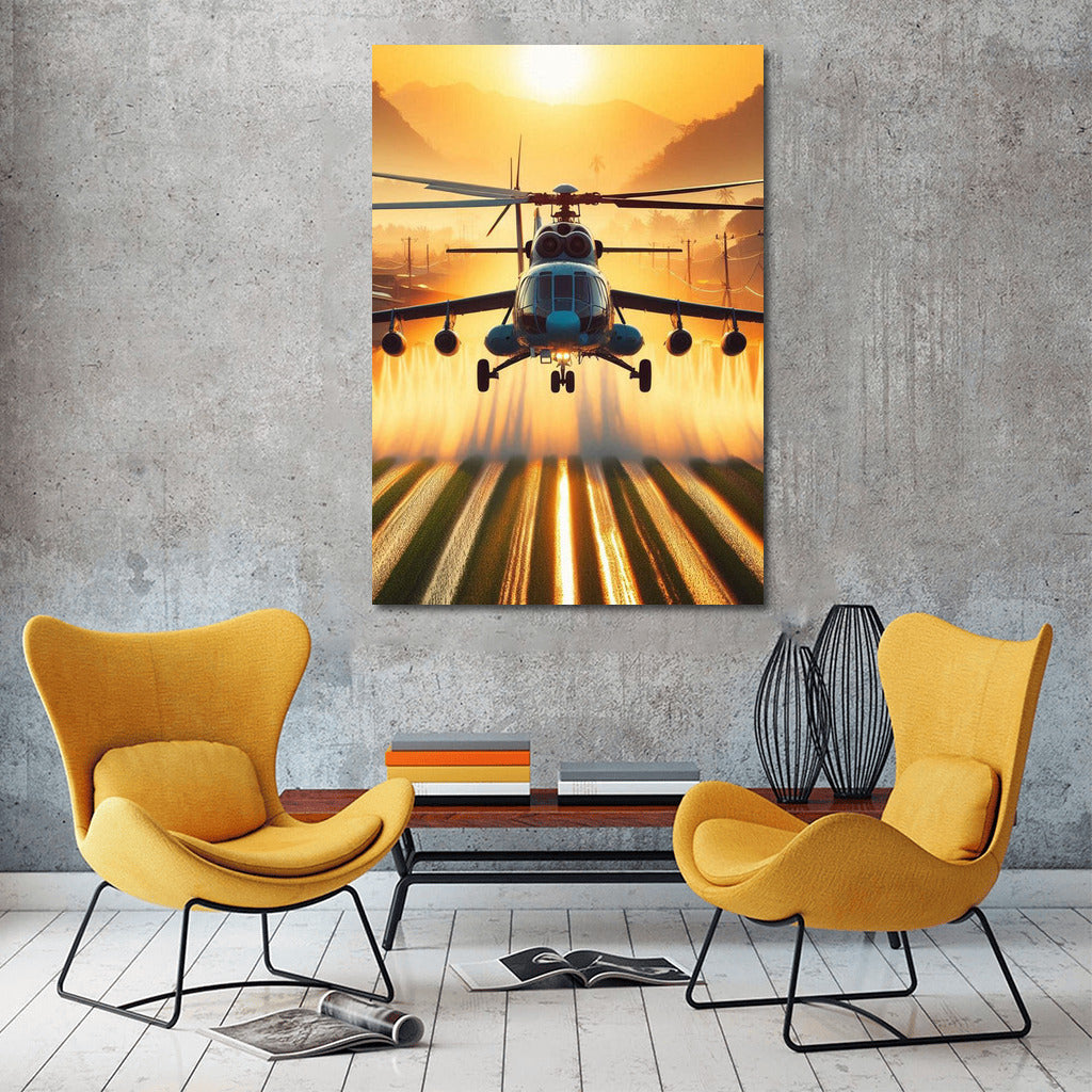 Agricultural Helicopter in Golden Sunset: Aerial Symphony