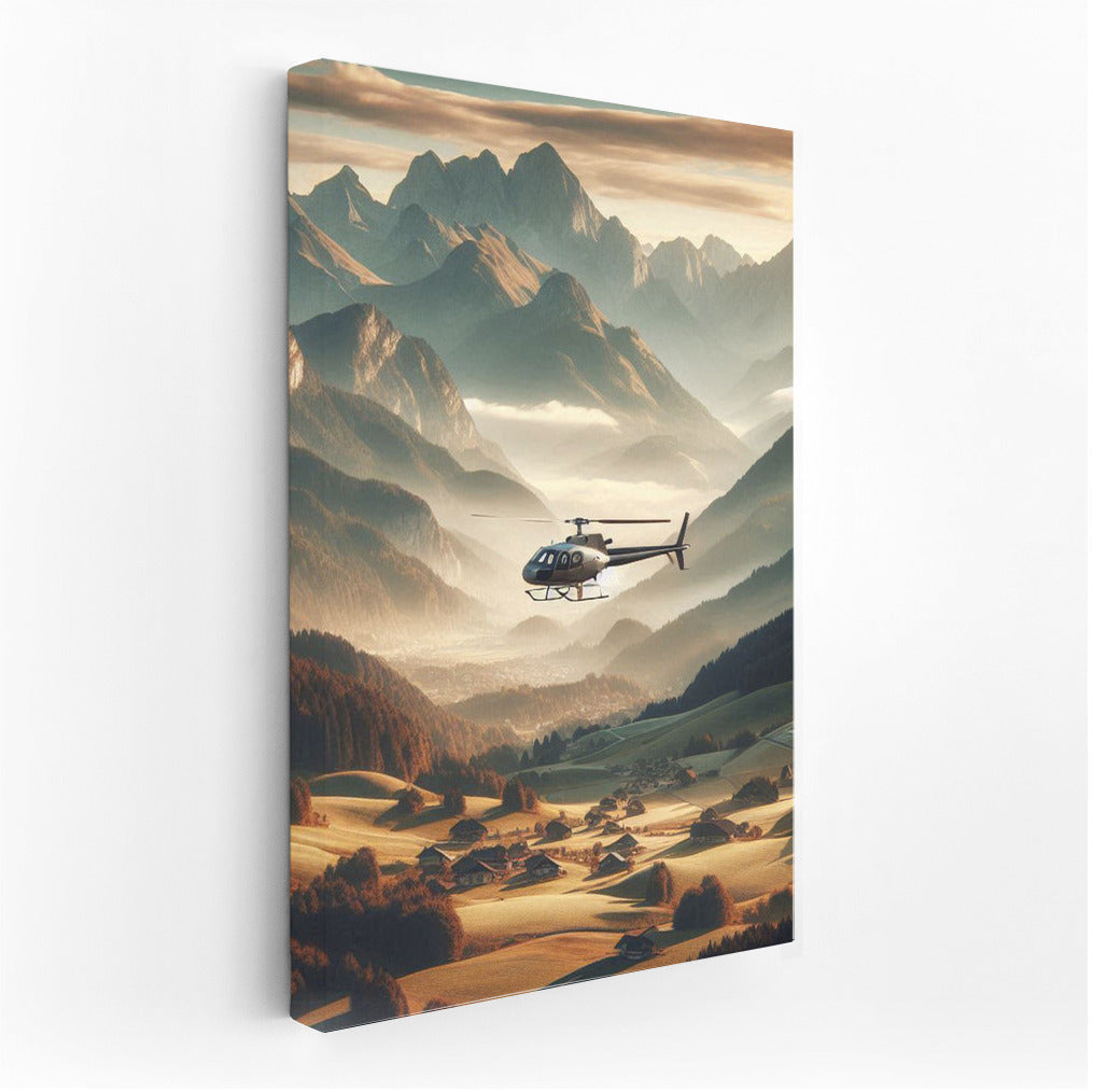 Agricultural Helicopter Over Majestic Mountains: Freedom and Peace