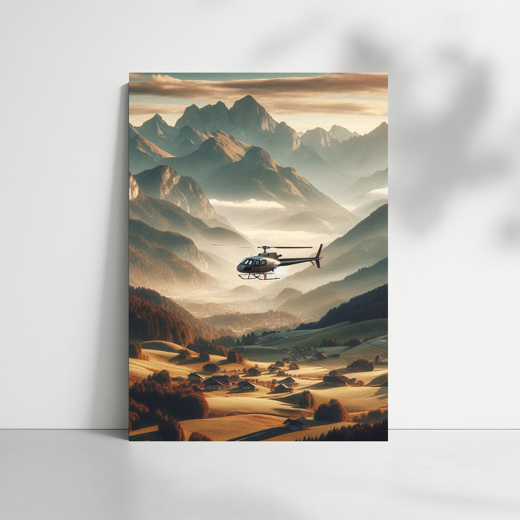 Agricultural Helicopter Over Majestic Mountains: Freedom and Peace