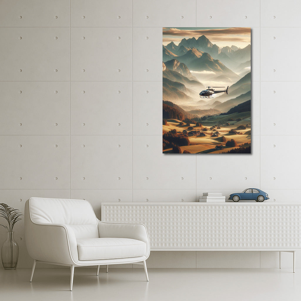 Agricultural Helicopter Over Majestic Mountains: Freedom and Peace