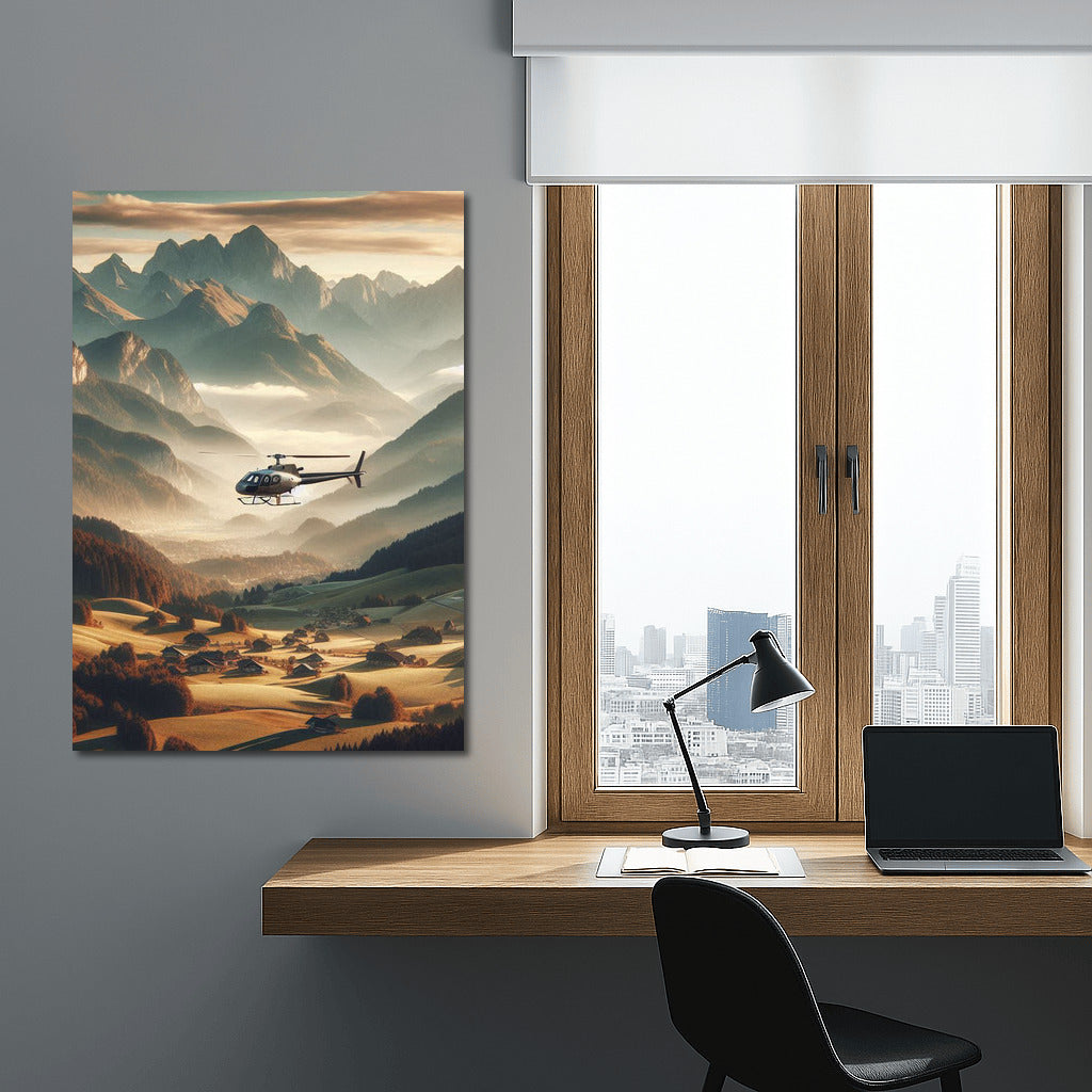 Agricultural Helicopter Over Majestic Mountains: Freedom and Peace