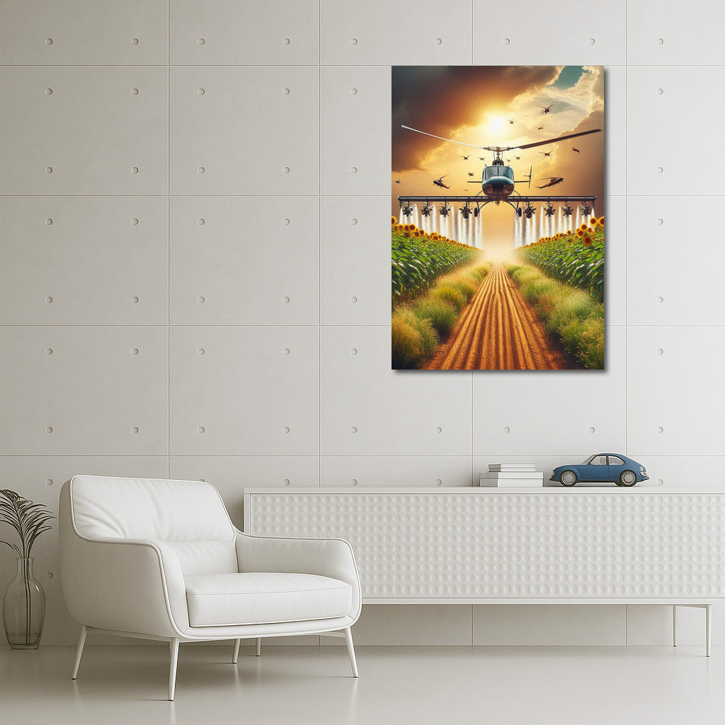 Aerial Agrohelicopters over Blooming Fields: Harmony of Nature and Technology