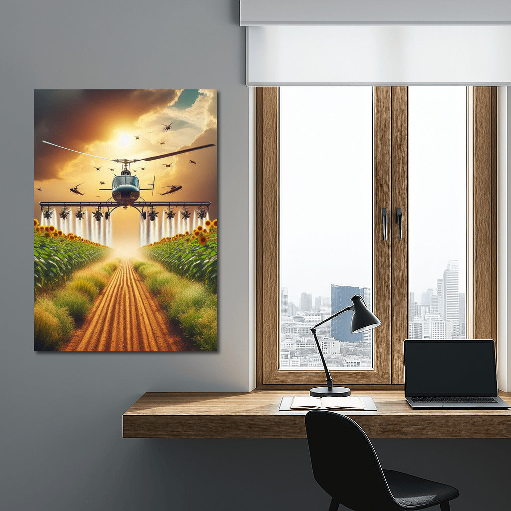 Aerial Agrohelicopters over Blooming Fields: Harmony of Nature and Technology