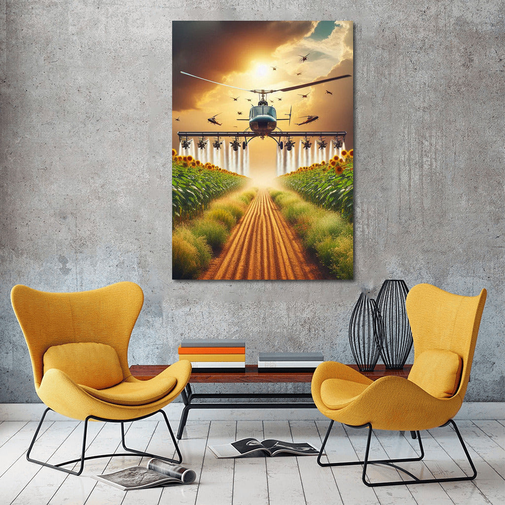 Aerial Agrohelicopters over Blooming Fields: Harmony of Nature and Technology