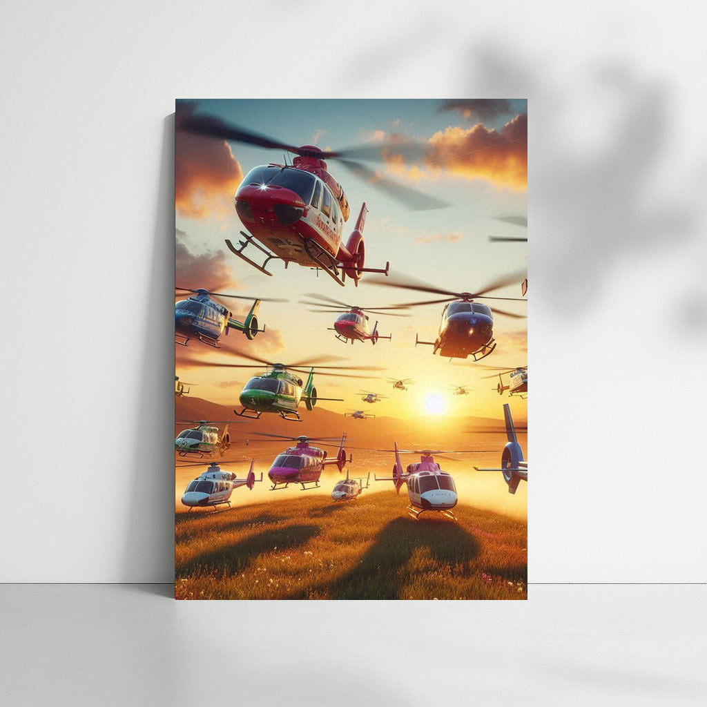 Sunset Flight: Air Ambulances Over Mountain Landscape