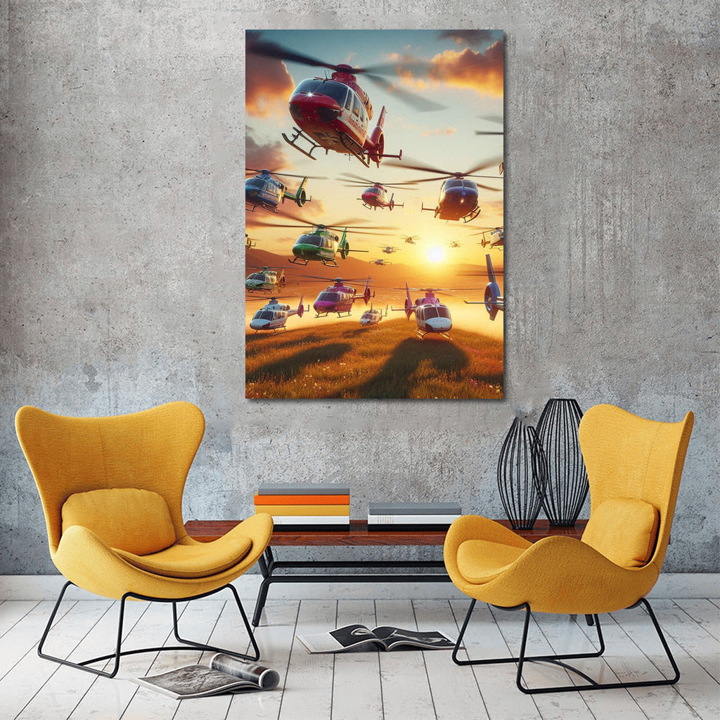 Sunset Flight: Air Ambulances Over Mountain Landscape