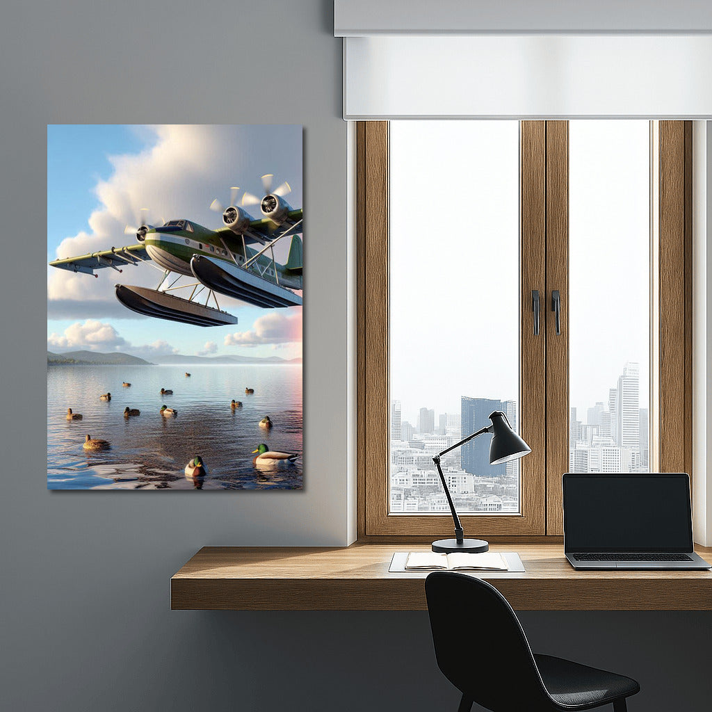 Hovering Amphibious Aircraft Over the Lake: Portal to Dreams and Adventures