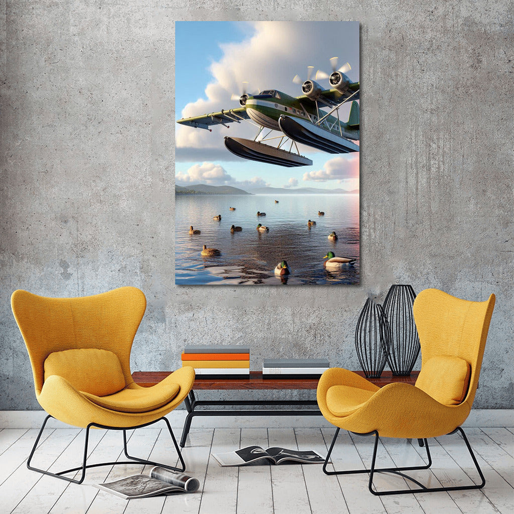 Hovering Amphibious Aircraft Over the Lake: Portal to Dreams and Adventures