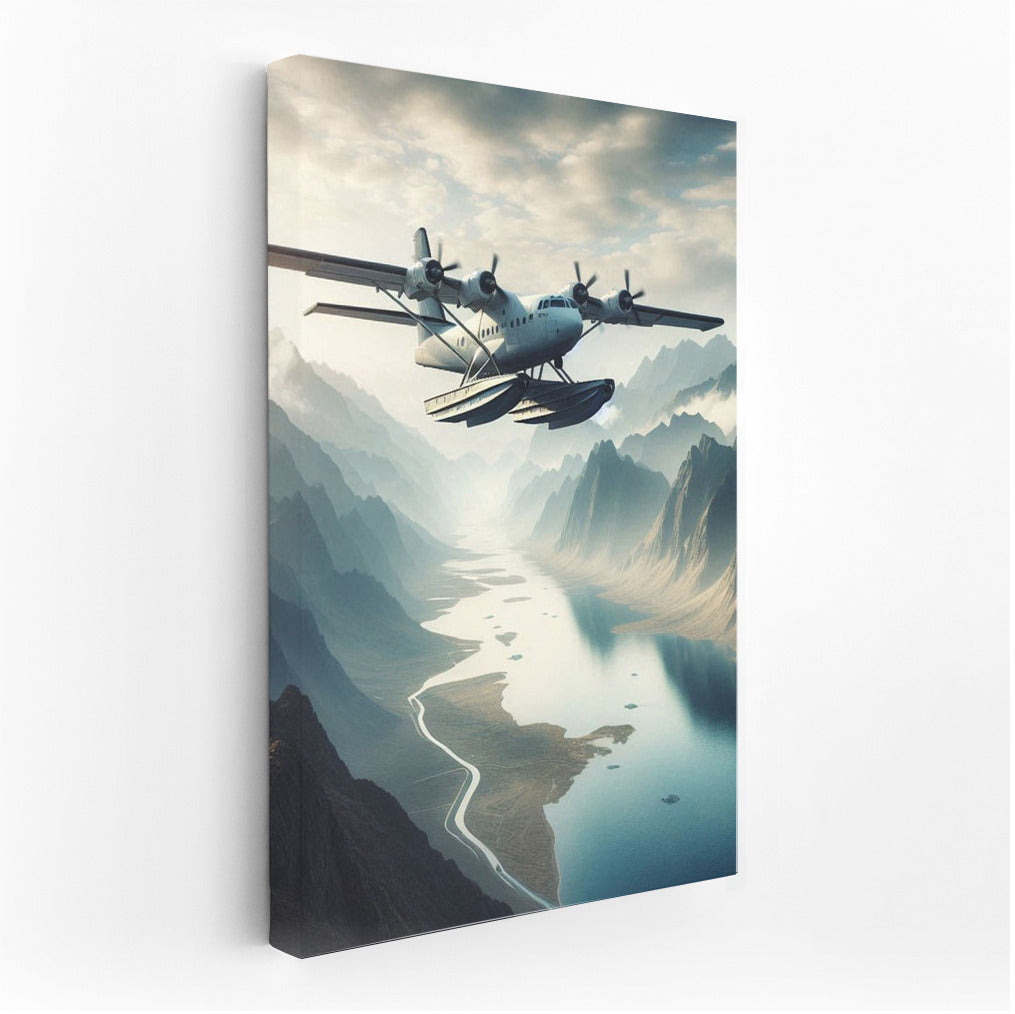 Hovering Amphibious Aircraft Over Mountain Landscape: Flight to Infinity