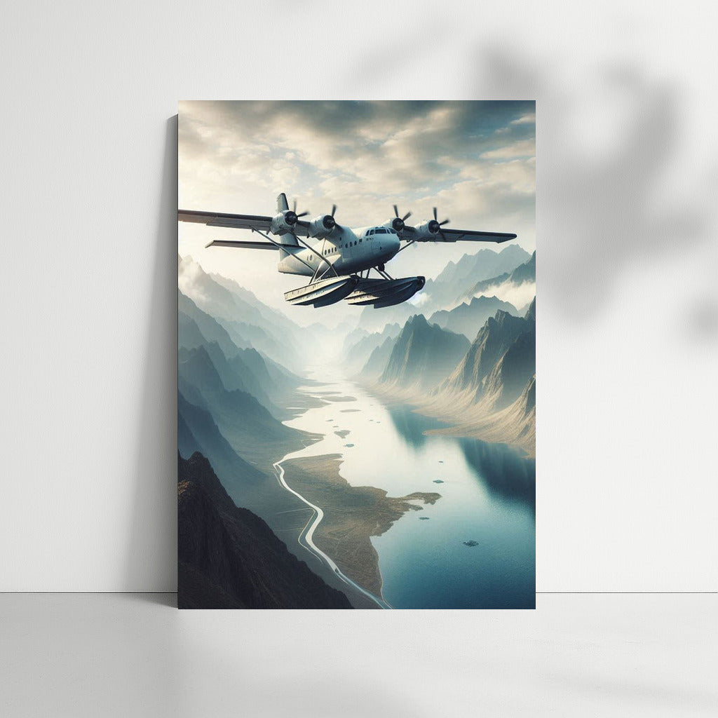 Hovering Amphibious Aircraft Over Mountain Landscape: Flight to Infinity