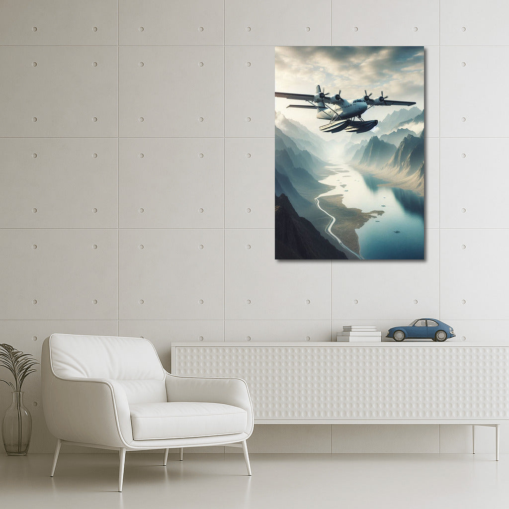 Hovering Amphibious Aircraft Over Mountain Landscape: Flight to Infinity