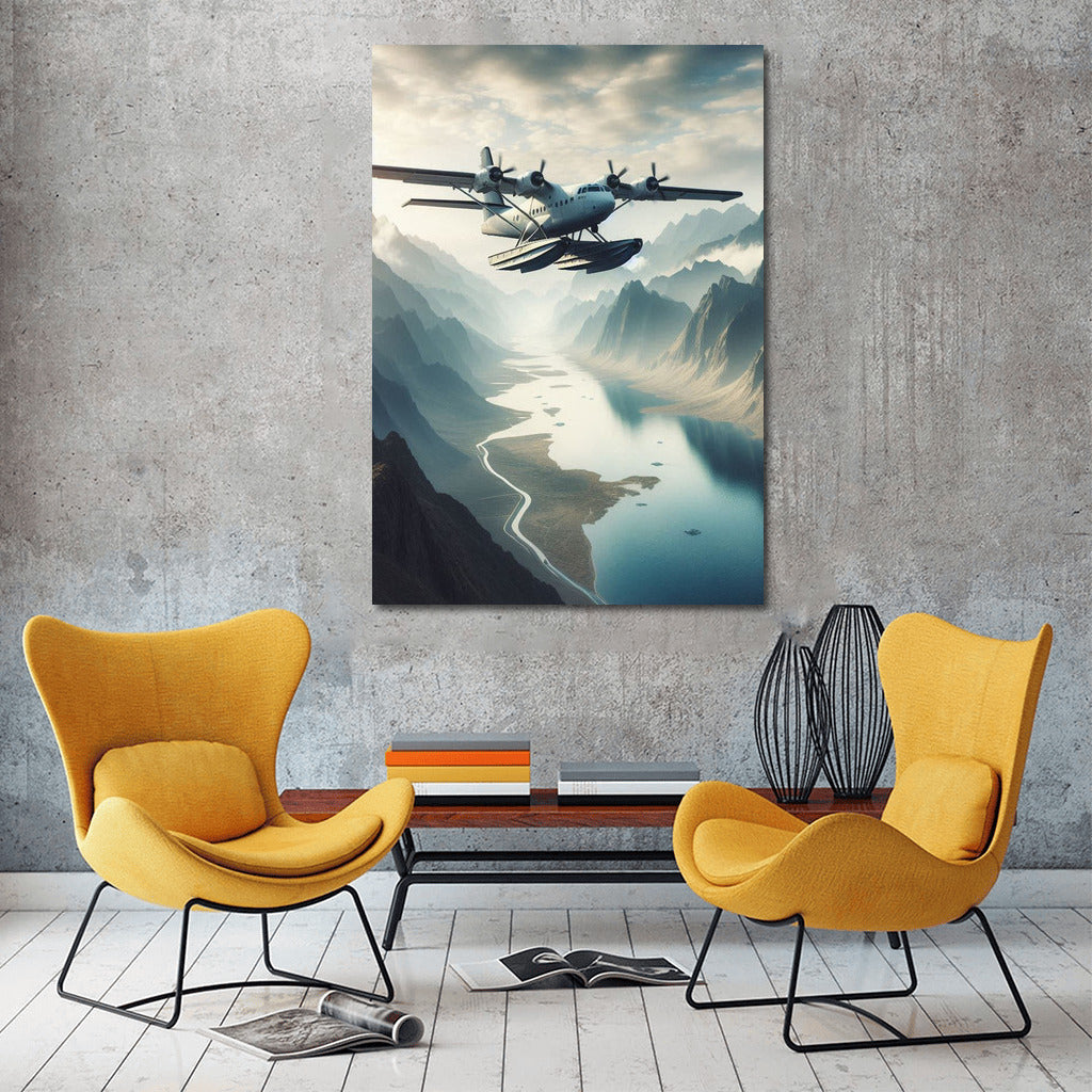 Hovering Amphibious Aircraft Over Mountain Landscape: Flight to Infinity