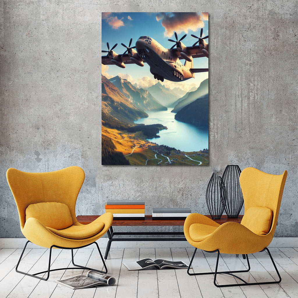 Amphibious Aircraft Over Mountain Landscape: Majesty and Dynamics