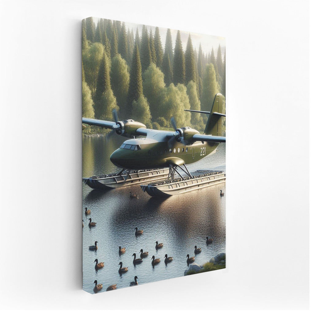 Amphibious Aircraft over Lake and Forests
