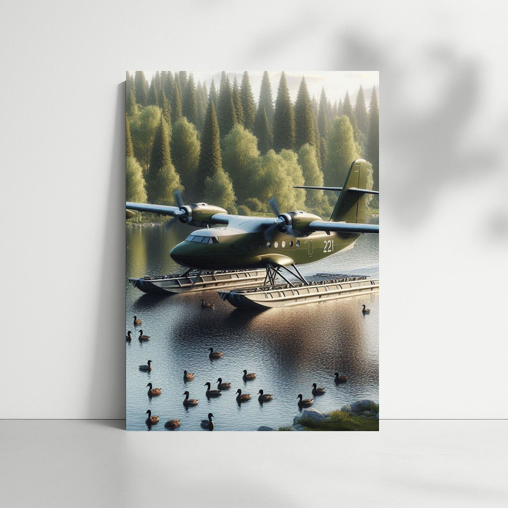 Amphibious Aircraft over Lake and Forests