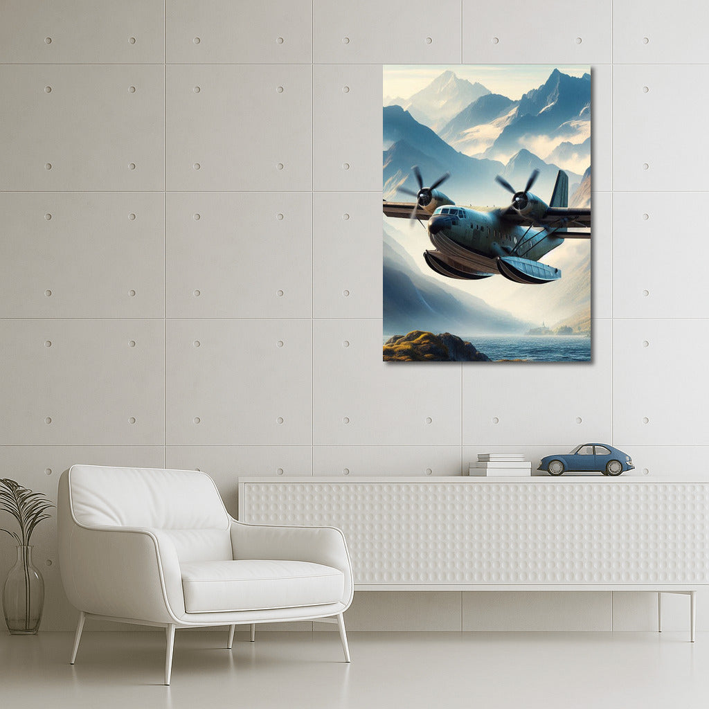 Amphibious Aircraft Soaring Over Mountain Peaks