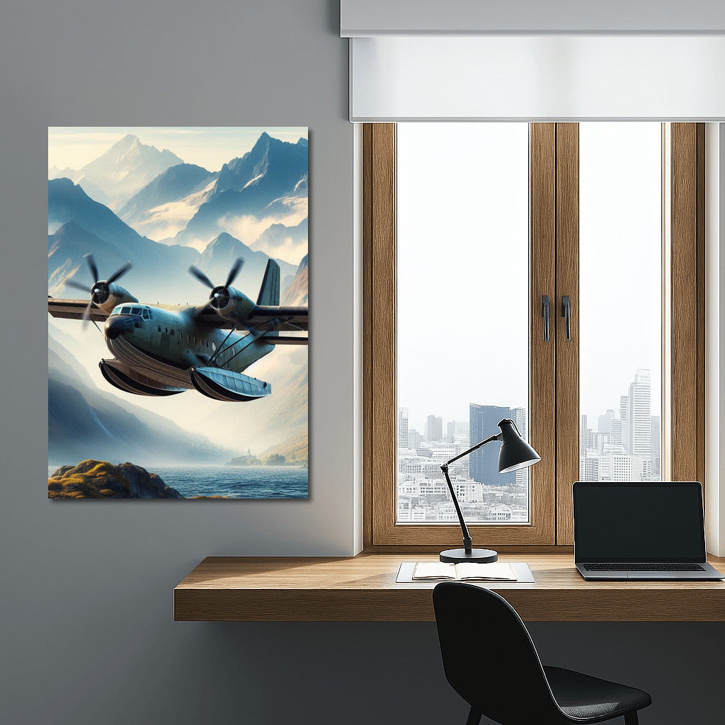 Amphibious Aircraft Soaring Over Mountain Peaks