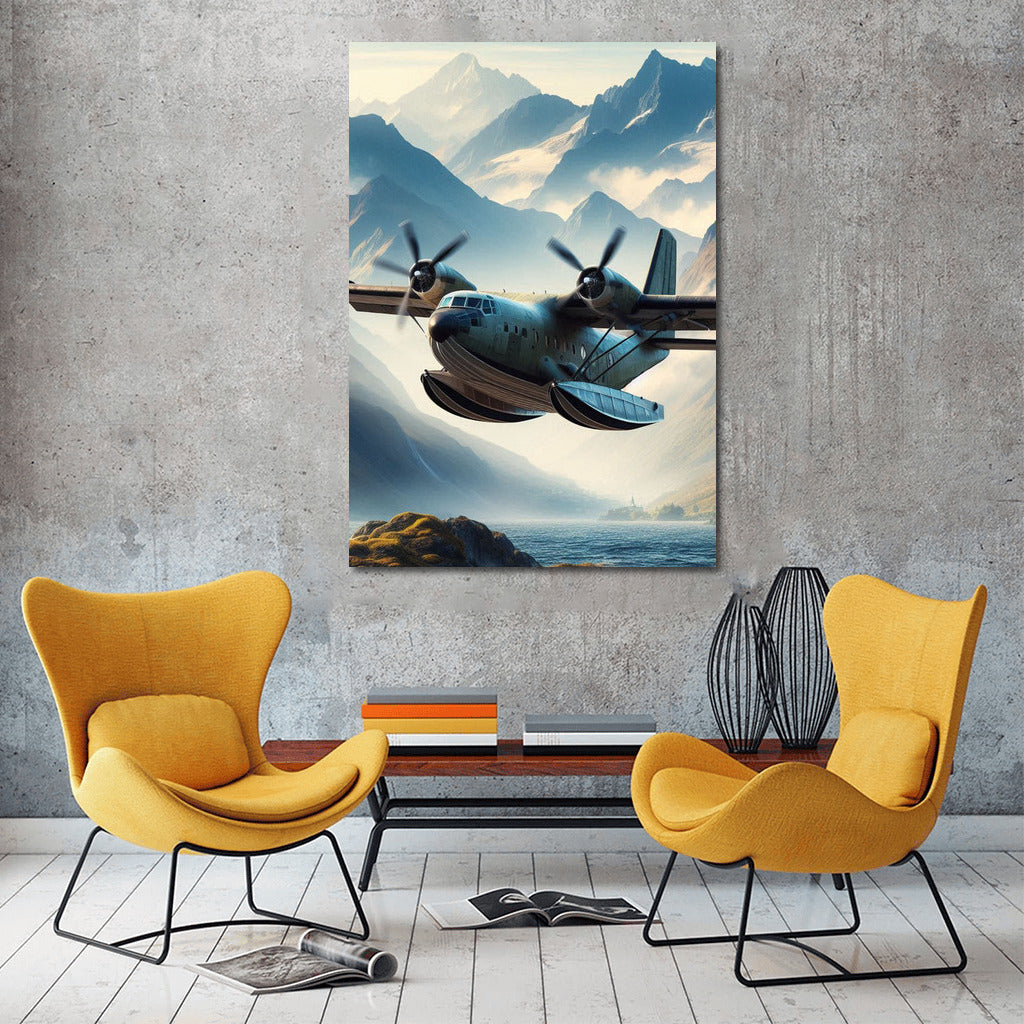 Amphibious Aircraft Soaring Over Mountain Peaks