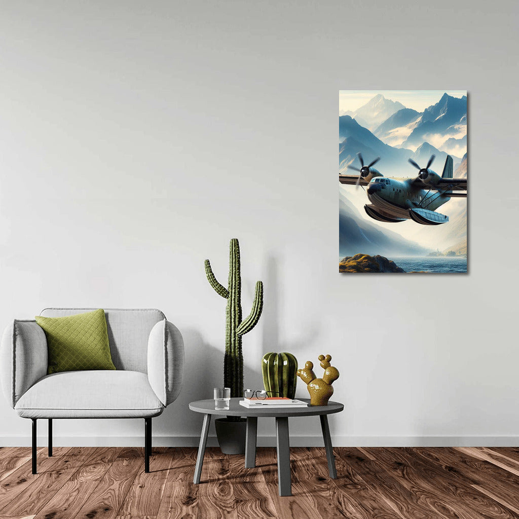 Amphibious Aircraft Soaring Over Mountain Peaks