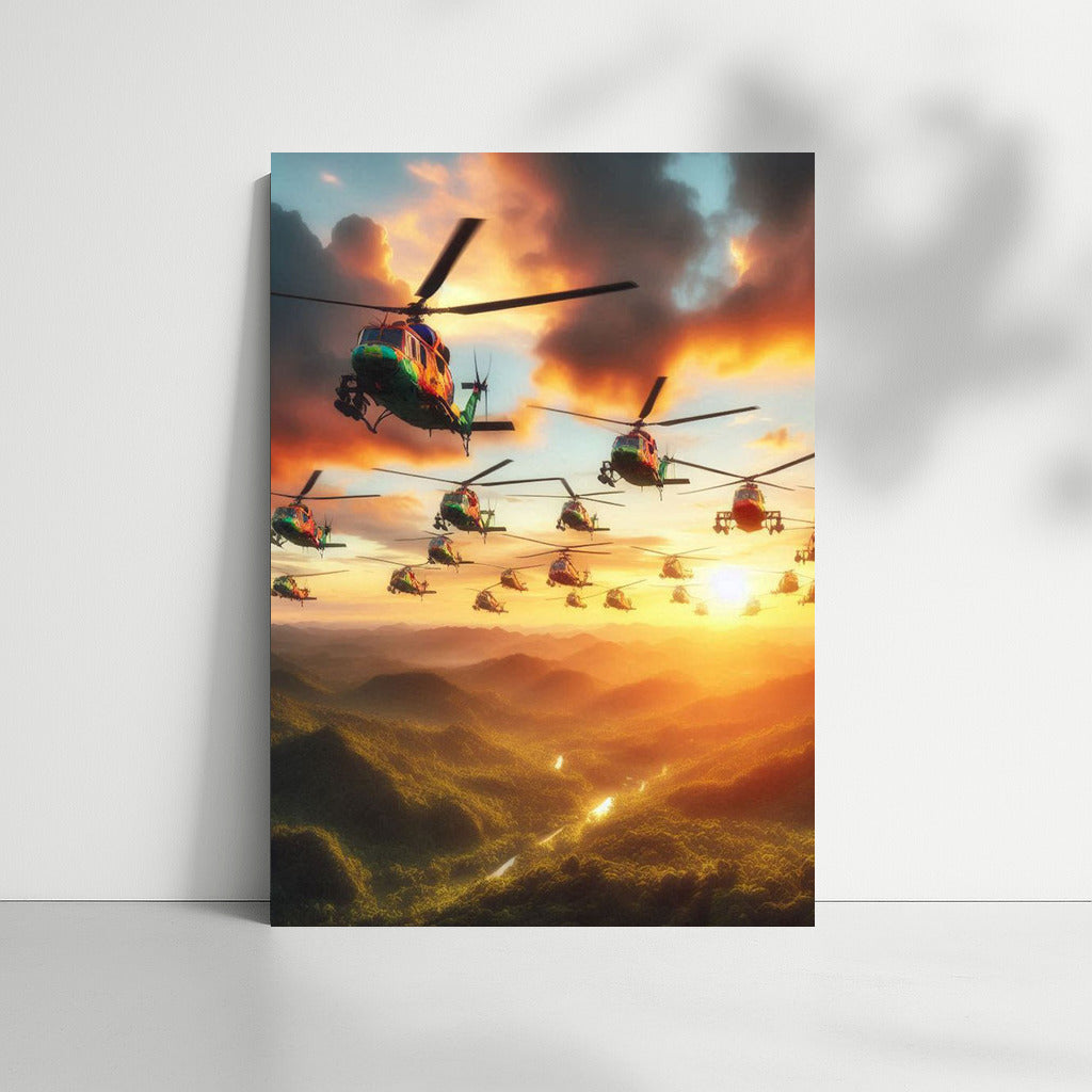 Sunset Assault: Helicopters Over the Forest