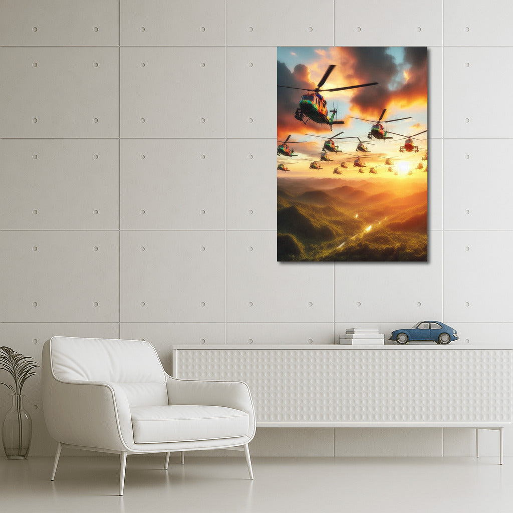 Sunset Assault: Helicopters Over the Forest