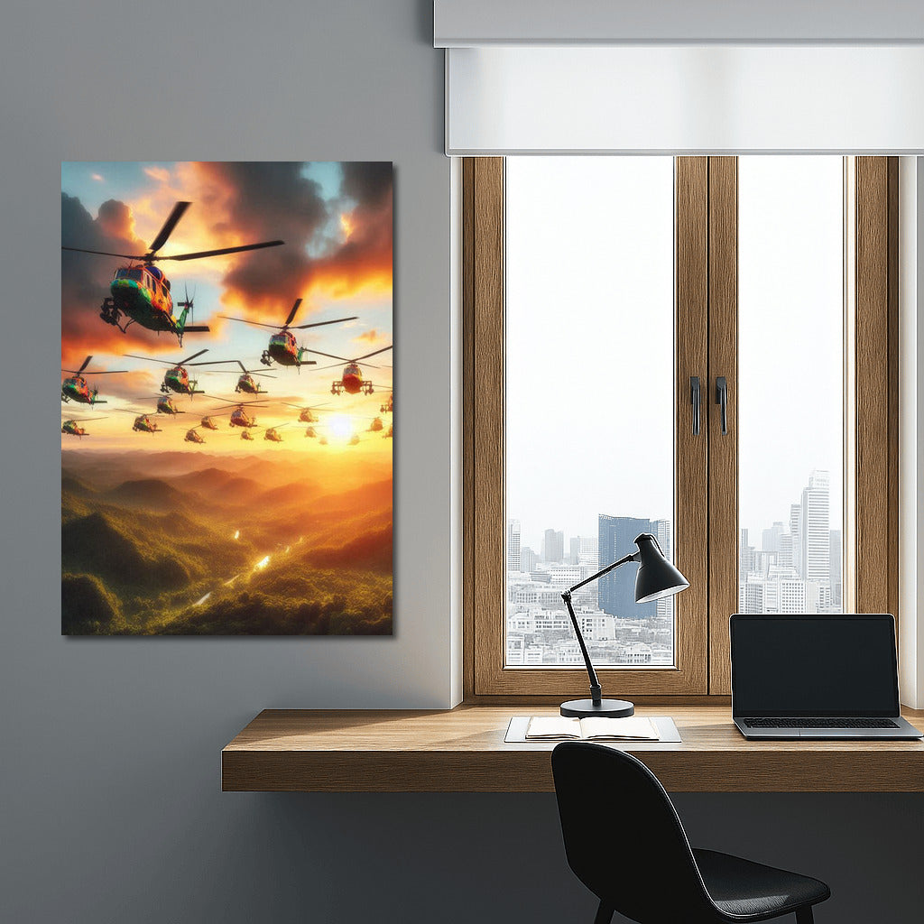 Sunset Assault: Helicopters Over the Forest