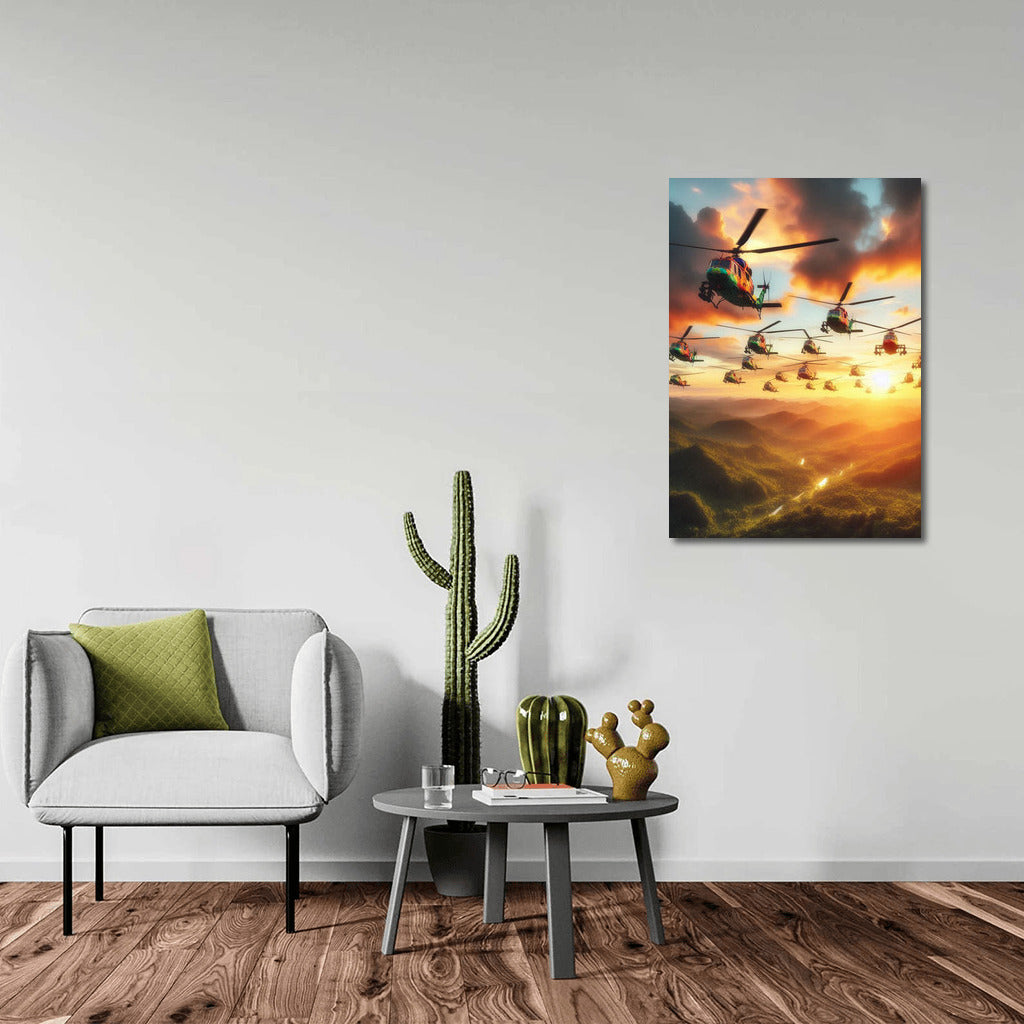 Sunset Assault: Helicopters Over the Forest