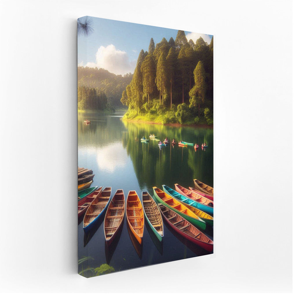 Bright Canoes on the Lake among Majestic Trees