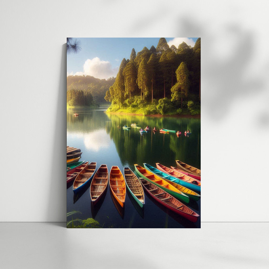Bright Canoes on the Lake among Majestic Trees