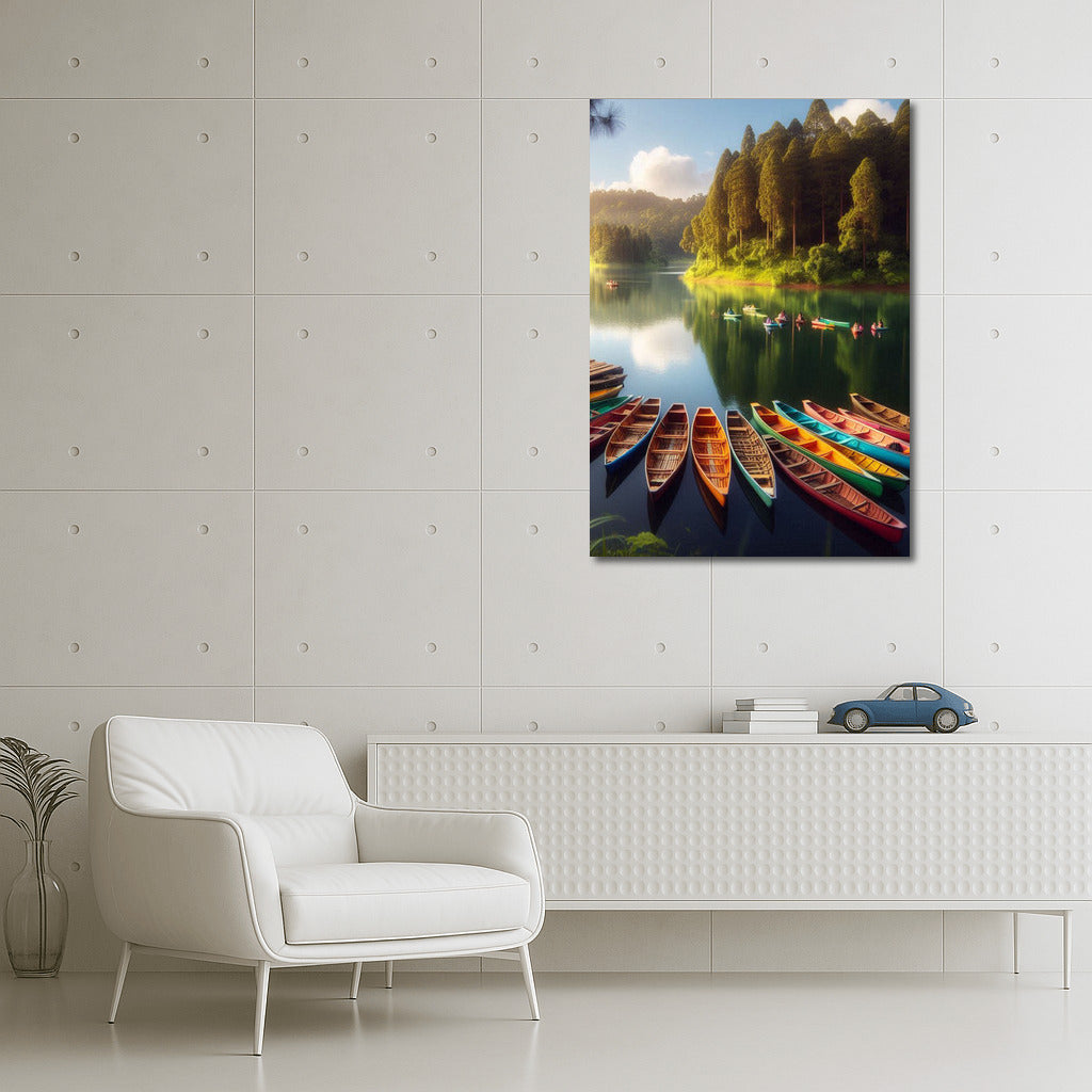 Bright Canoes on the Lake among Majestic Trees